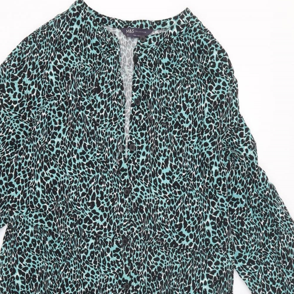 Marks and Spencer Womens Green Animal Print Viscose A-Line Size 10 V-Neck Button - Leopard Pattern
