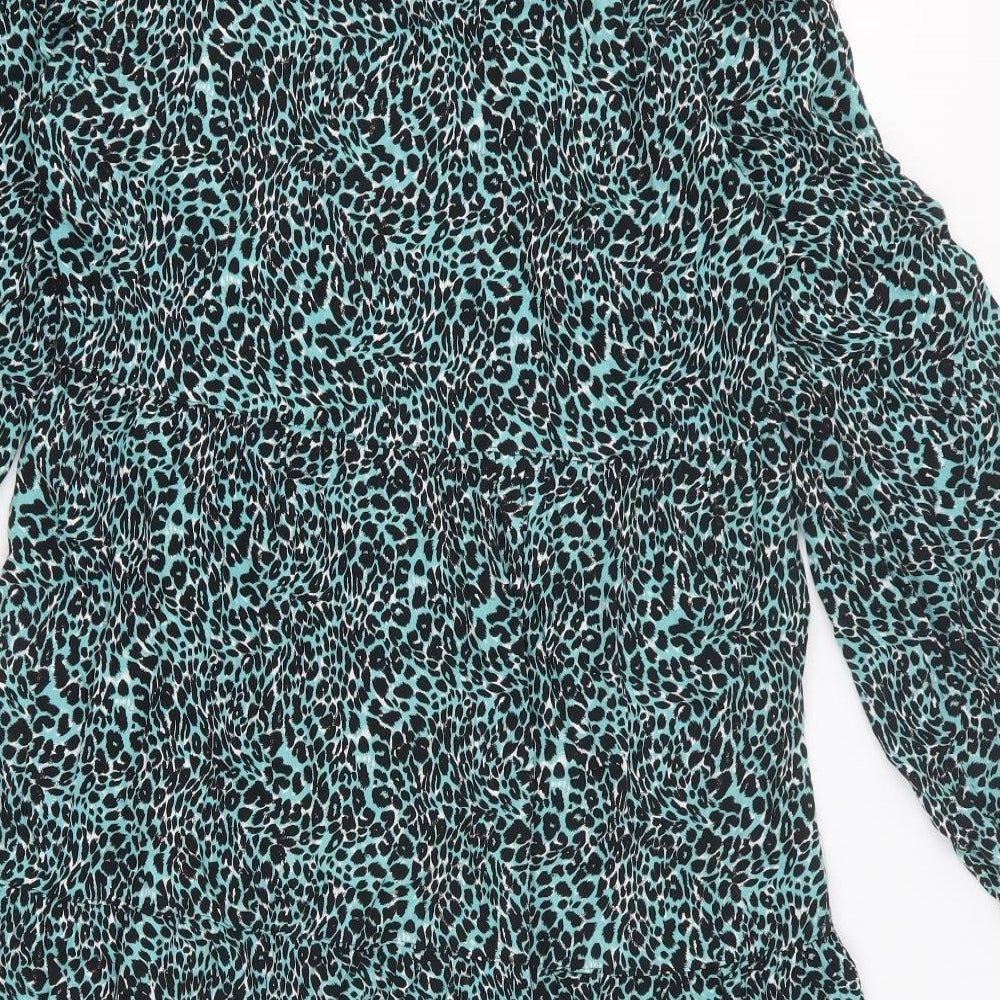 Marks and Spencer Womens Green Animal Print Viscose A-Line Size 10 V-Neck Button - Leopard Pattern