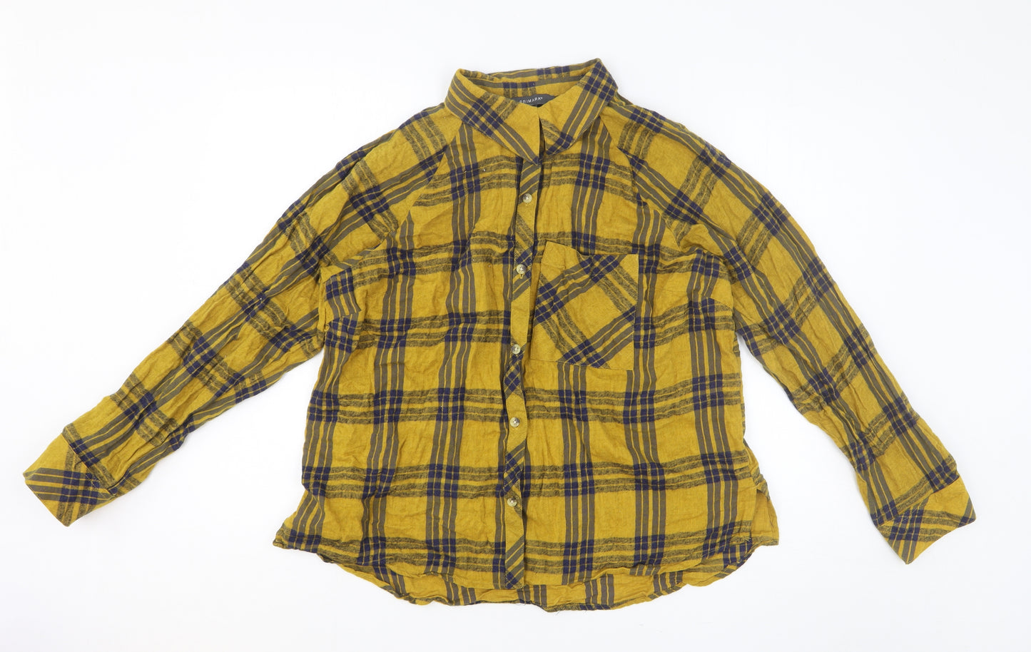 Primark Womens Yellow Plaid 100% Cotton Basic Button-Up Size 16 Collared