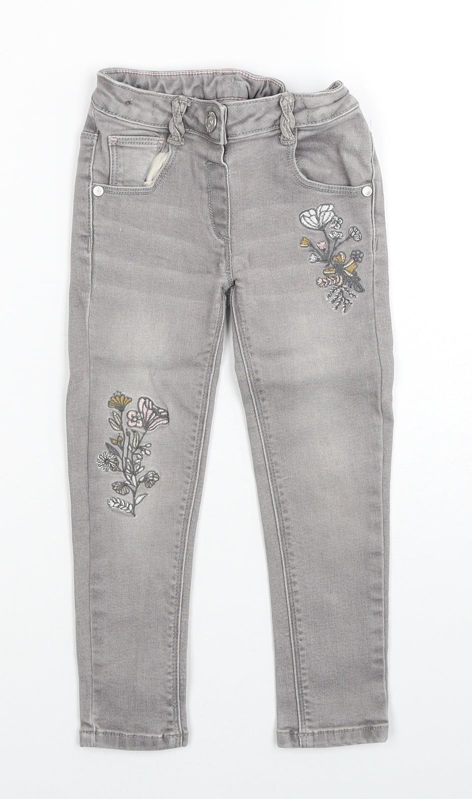 Nutmeg Girls Grey Cotton Skinny Jeans Size 3-4 Years Regular Zip - Floral Detail