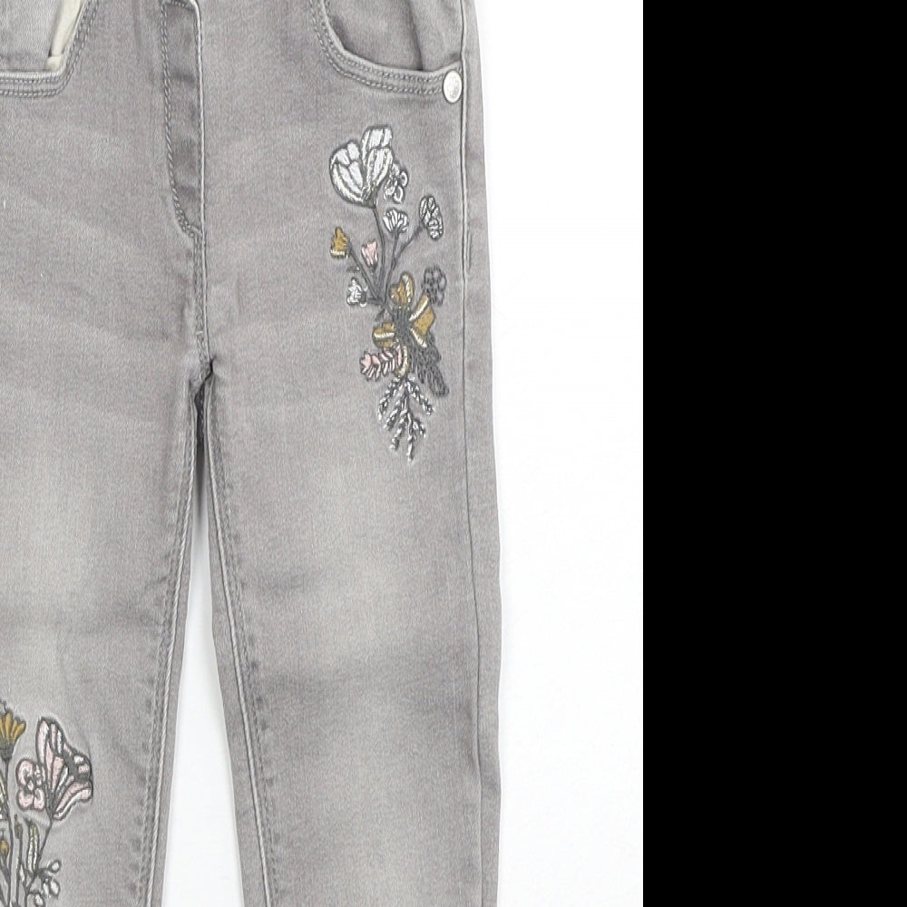 Nutmeg Girls Grey Cotton Skinny Jeans Size 3-4 Years Regular Zip - Floral Detail