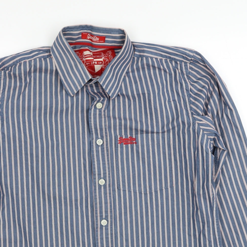 Superdry Mens Blue Striped Cotton Button-Up Size L Collared Button