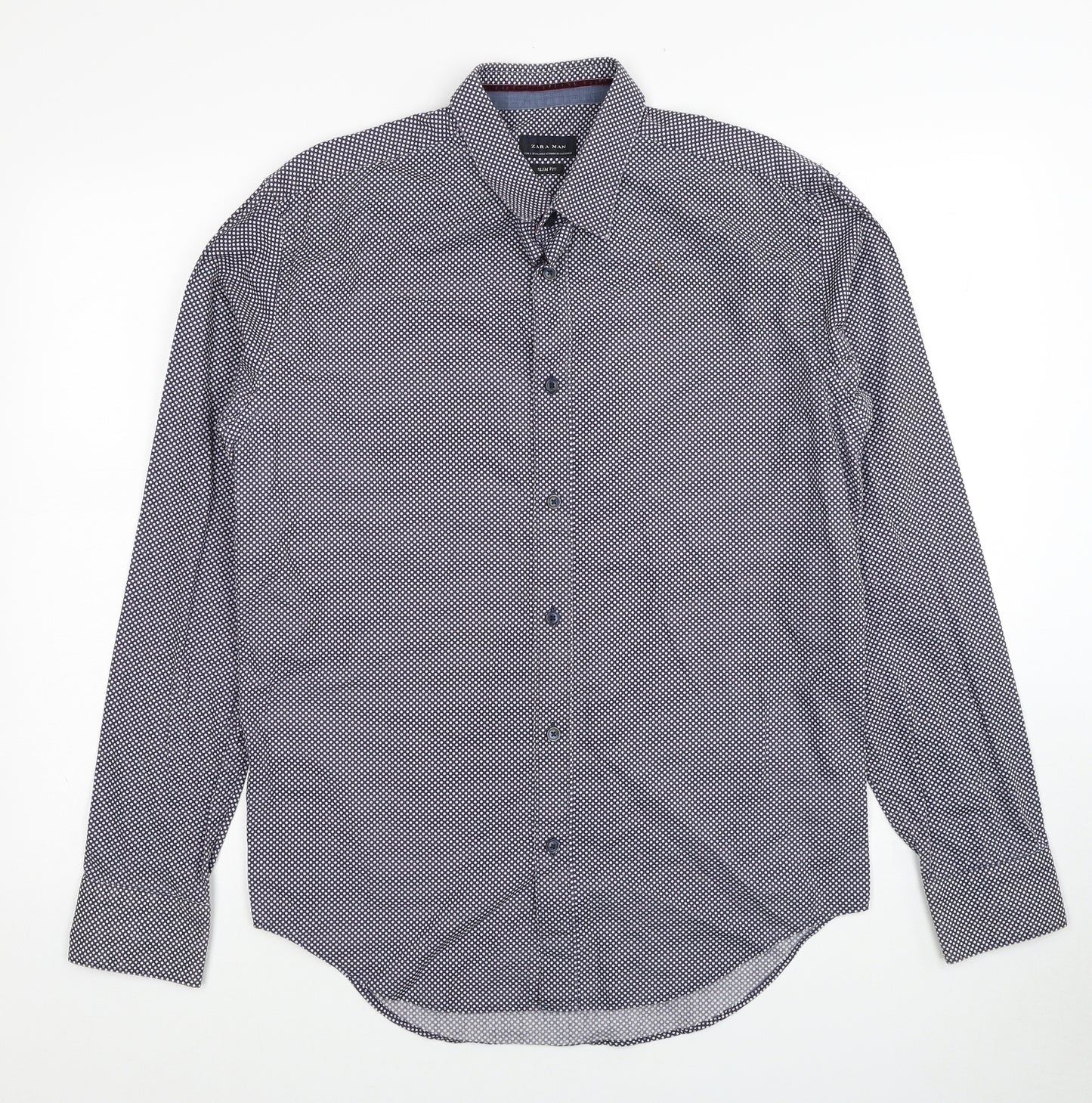 Zara Mens Blue Geometric Cotton Button-Up Size L Collared Button