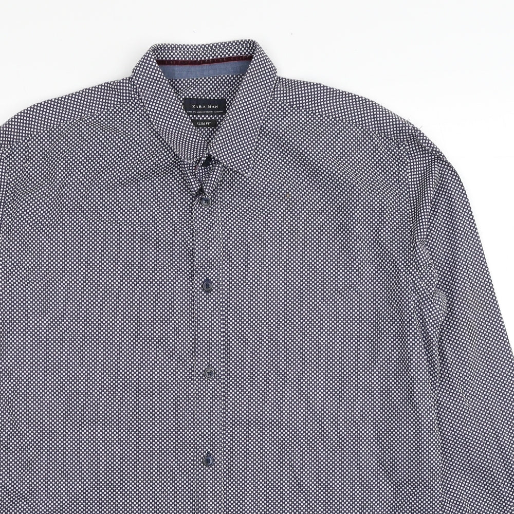 Zara Mens Blue Geometric Cotton Button-Up Size L Collared Button