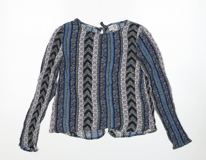 H&M Womens Blue Striped Viscose Basic Blouse Size 8 Round Neck