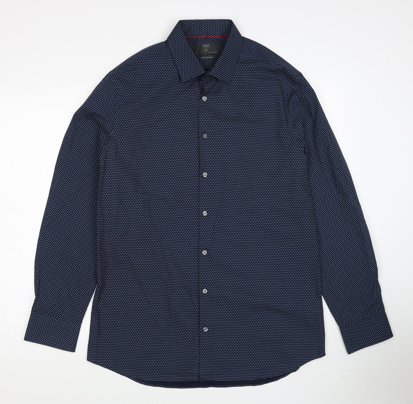 Marks and Spencer Mens Blue Geometric Cotton Button-Up Size L Collared Button