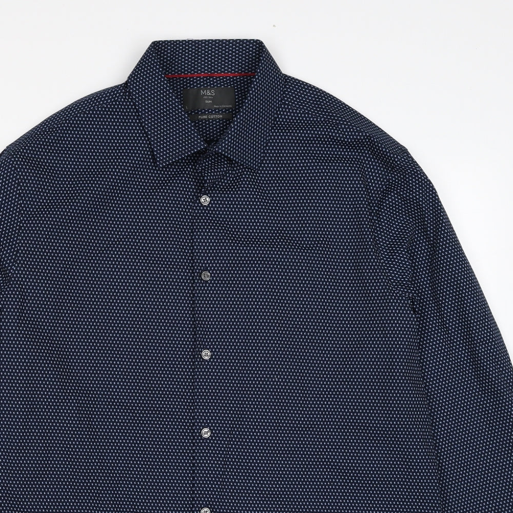 Marks and Spencer Mens Blue Geometric Cotton Button-Up Size L Collared Button