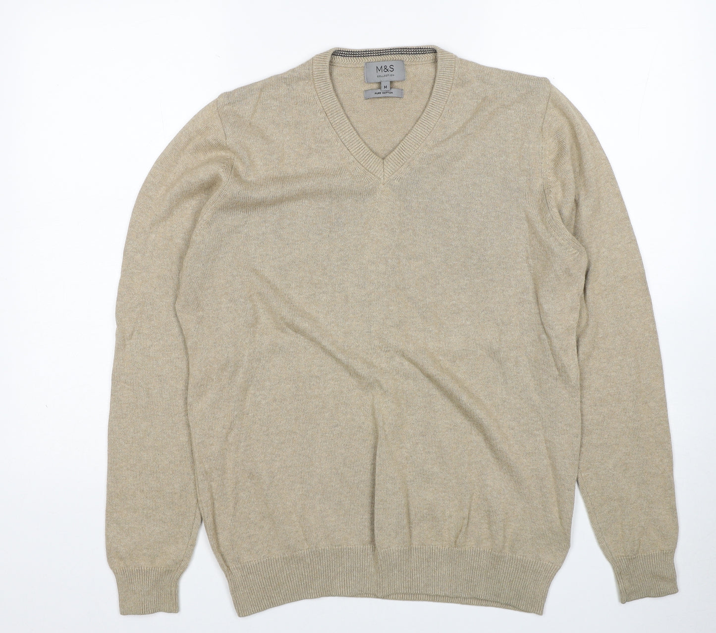 Marks and Spencer Mens Beige V-Neck Cotton Pullover Jumper Size M Long Sleeve