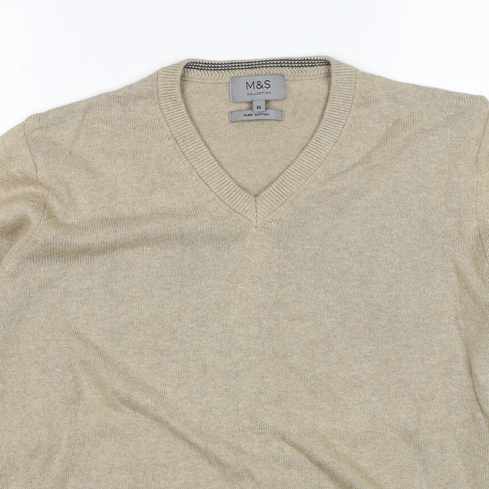 Marks and Spencer Mens Beige V-Neck Cotton Pullover Jumper Size M Long Sleeve