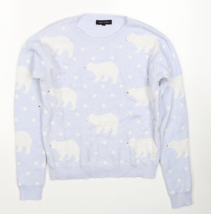 New Look Womens Blue Round Neck Geometric Acrylic Pullover Jumper Size 6 - Polar Bear