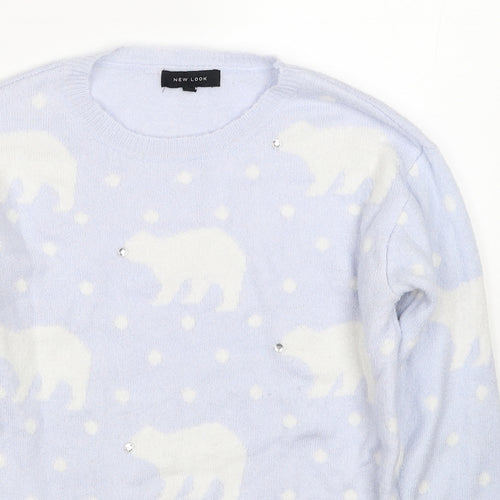 New Look Womens Blue Round Neck Geometric Acrylic Pullover Jumper Size 6 - Polar Bear