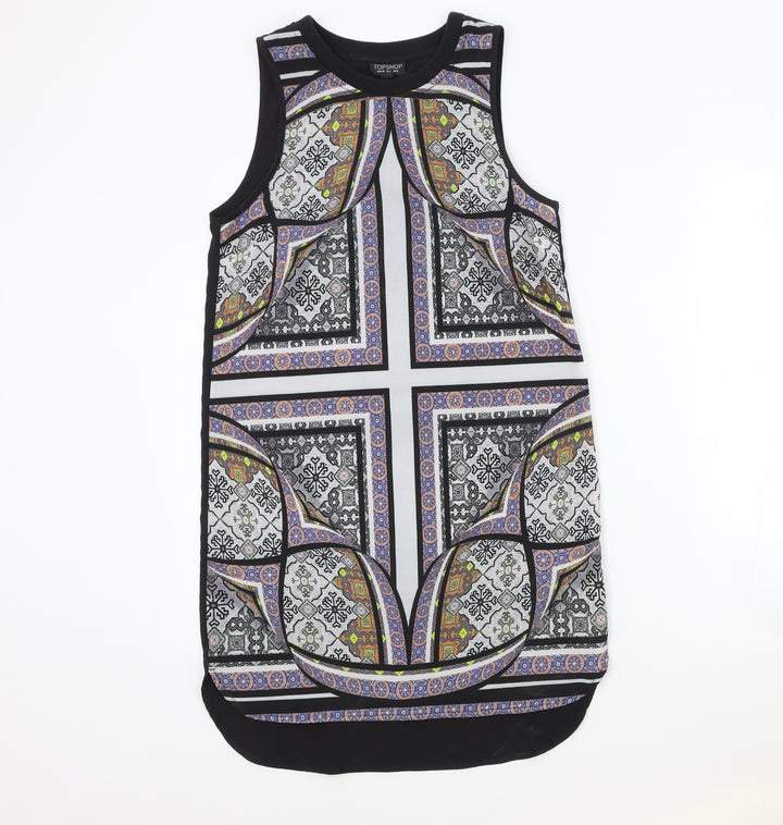 Topshop Womens Black Geometric Polyester Basic Tank Size 8 Round Neck