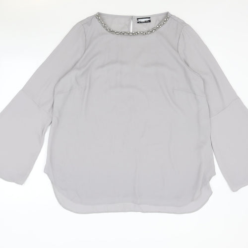 Preworn Womens Grey Polyester Basic Blouse Size L Boat Neck - Flute Sleeve