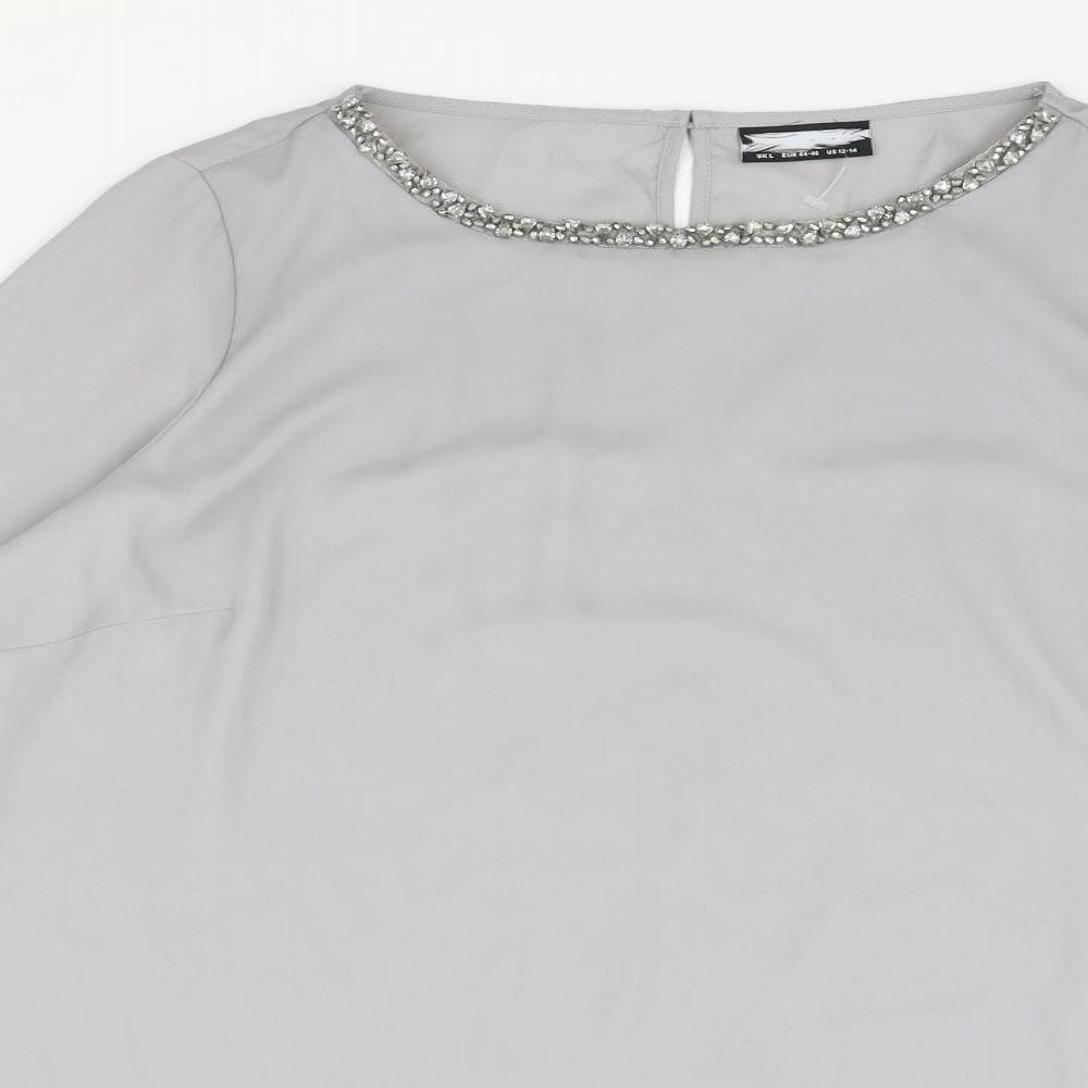 Preworn Womens Grey Polyester Basic Blouse Size L Boat Neck - Flute Sleeve