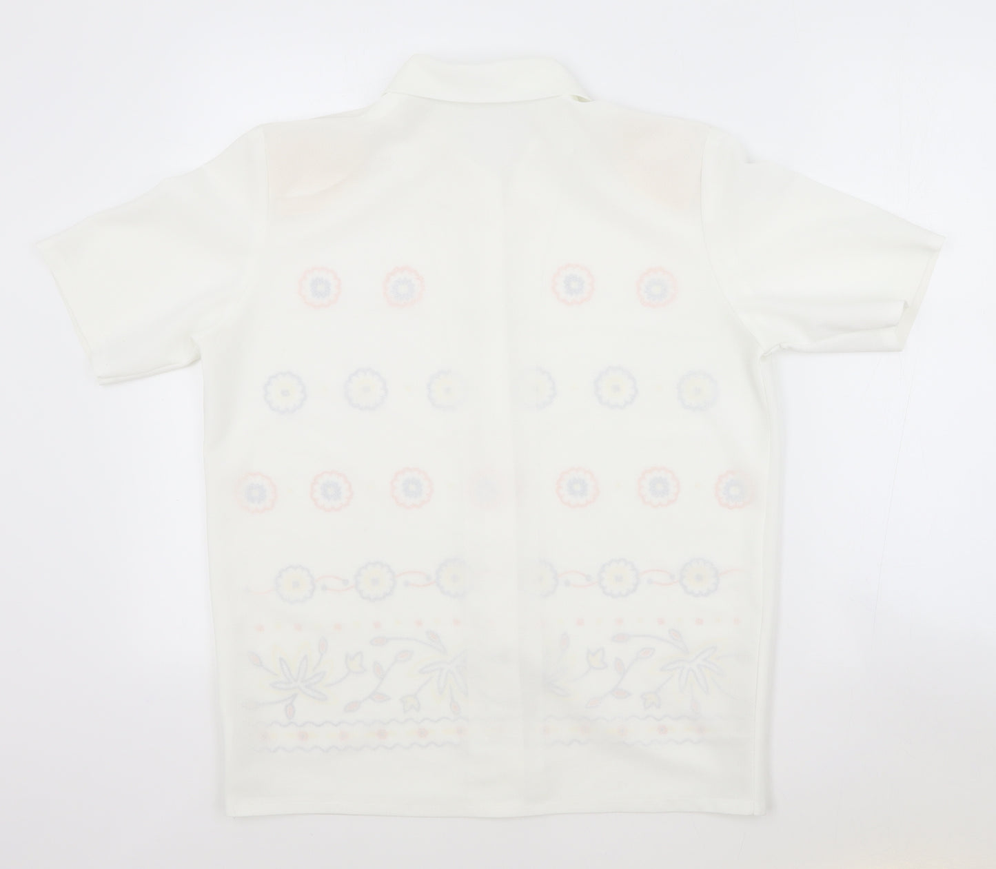 Preworn Womens White Geometric Polyester Basic Button-Up Size 12 Collared