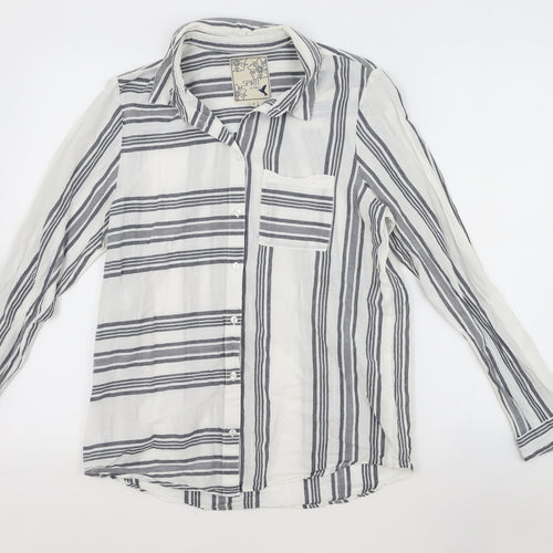 M&Co Womens Grey Striped Cotton Basic Button-Up Size 10 Collared
