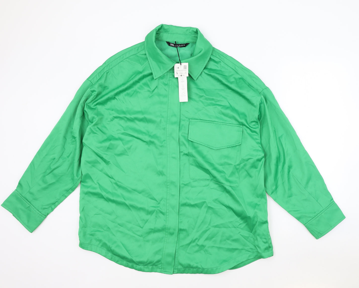 Zara Womens Green Viscose Basic Button-Up Size L Collared