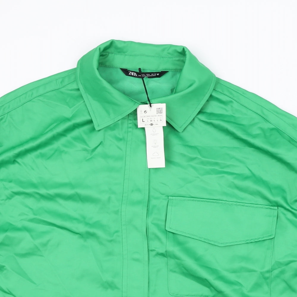 Zara Womens Green Viscose Basic Button-Up Size L Collared