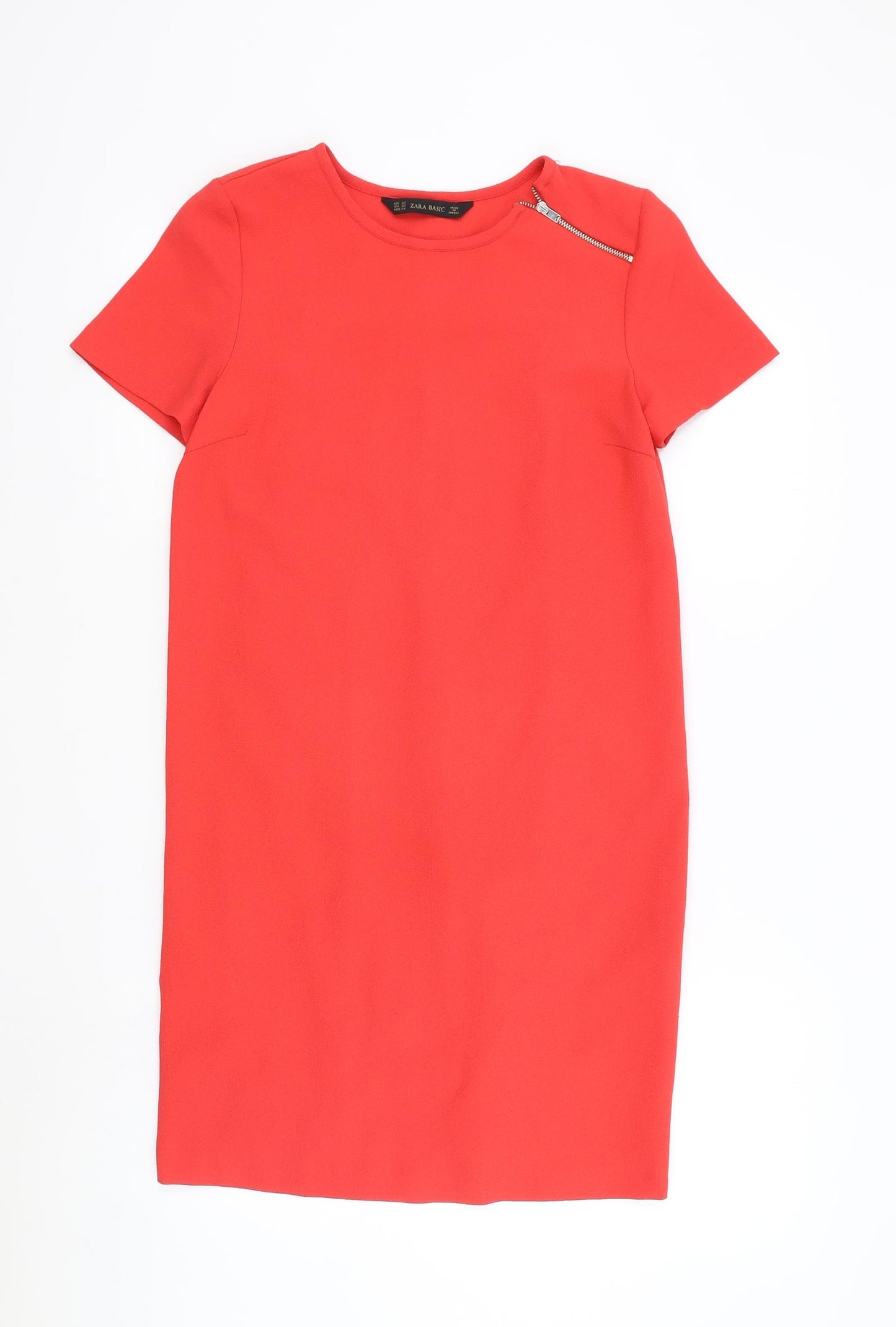 Zara Womens Red Polyester A-Line Size XS Round Neck Zip