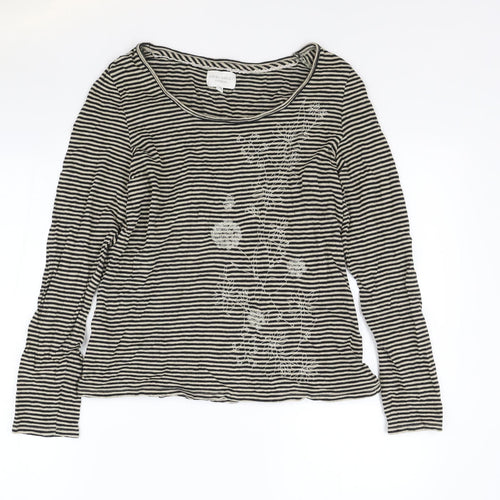 Laura Ashley Womens Brown Striped Cotton Basic T-Shirt Size 14 Scoop Neck