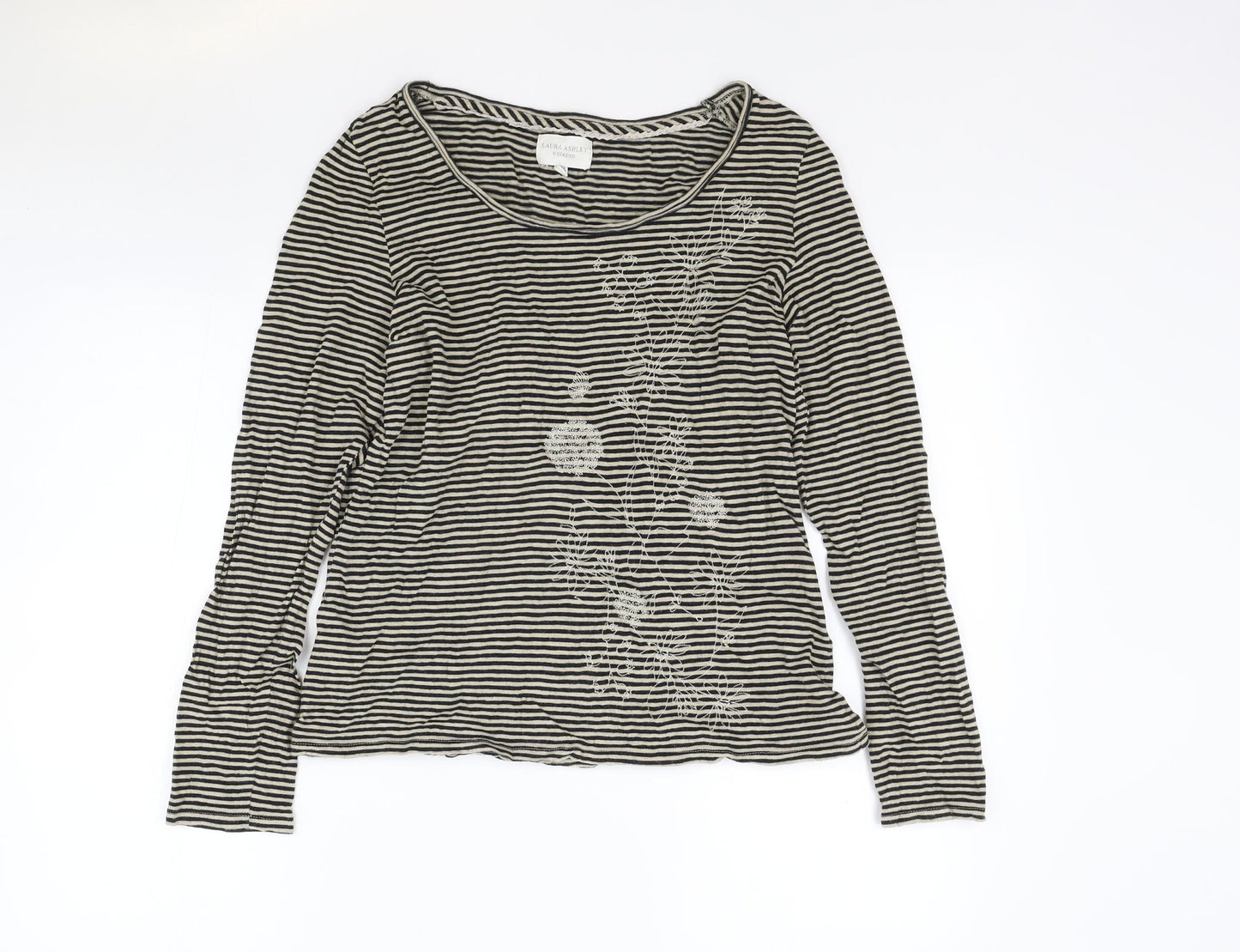 Laura Ashley Womens Brown Striped Cotton Basic T-Shirt Size 14 Scoop Neck