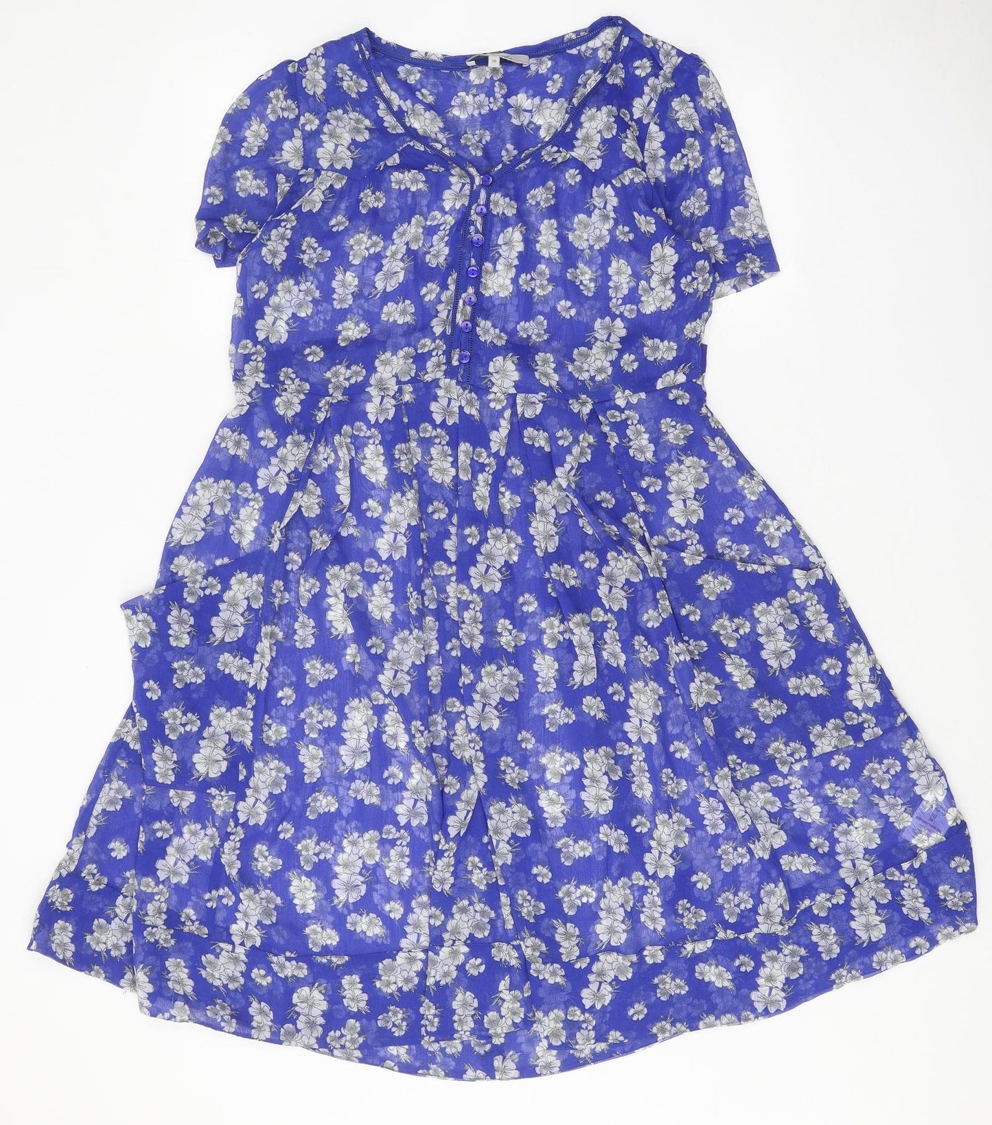 Peacocks Womens Blue Geometric Polyester A-Line Size 10 V-Neck Button