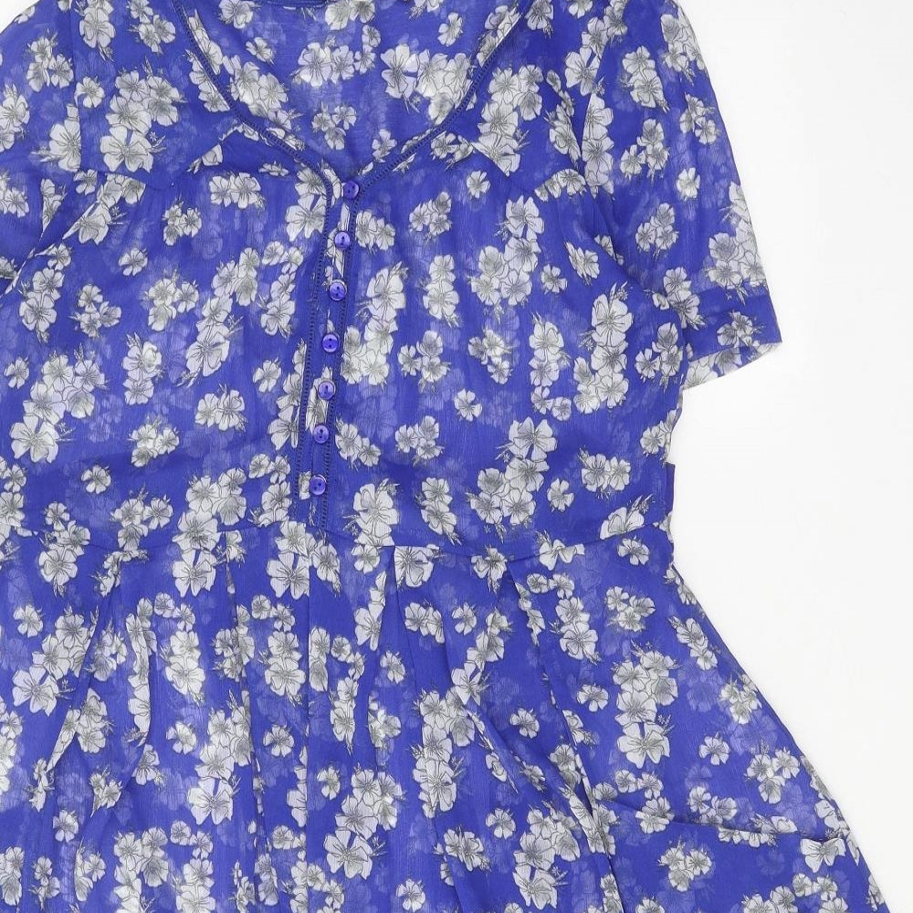 Peacocks Womens Blue Geometric Polyester A-Line Size 10 V-Neck Button