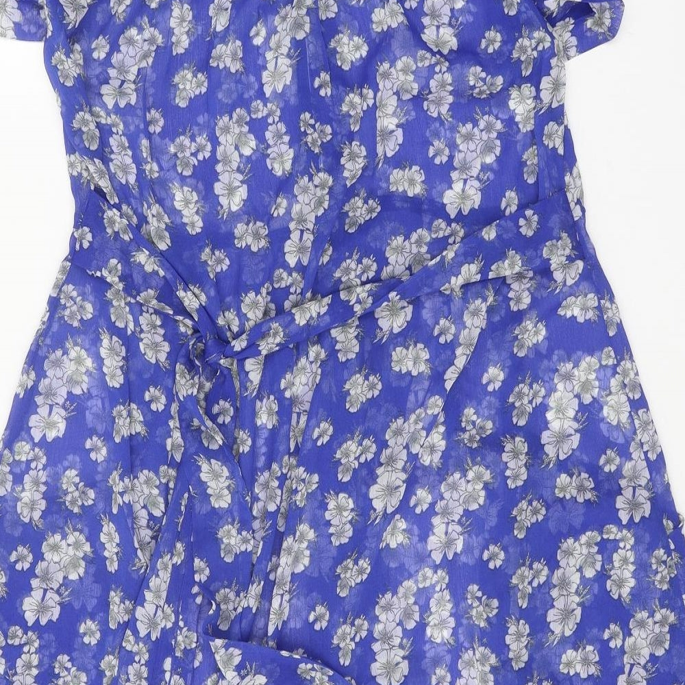Peacocks Womens Blue Geometric Polyester A-Line Size 10 V-Neck Button