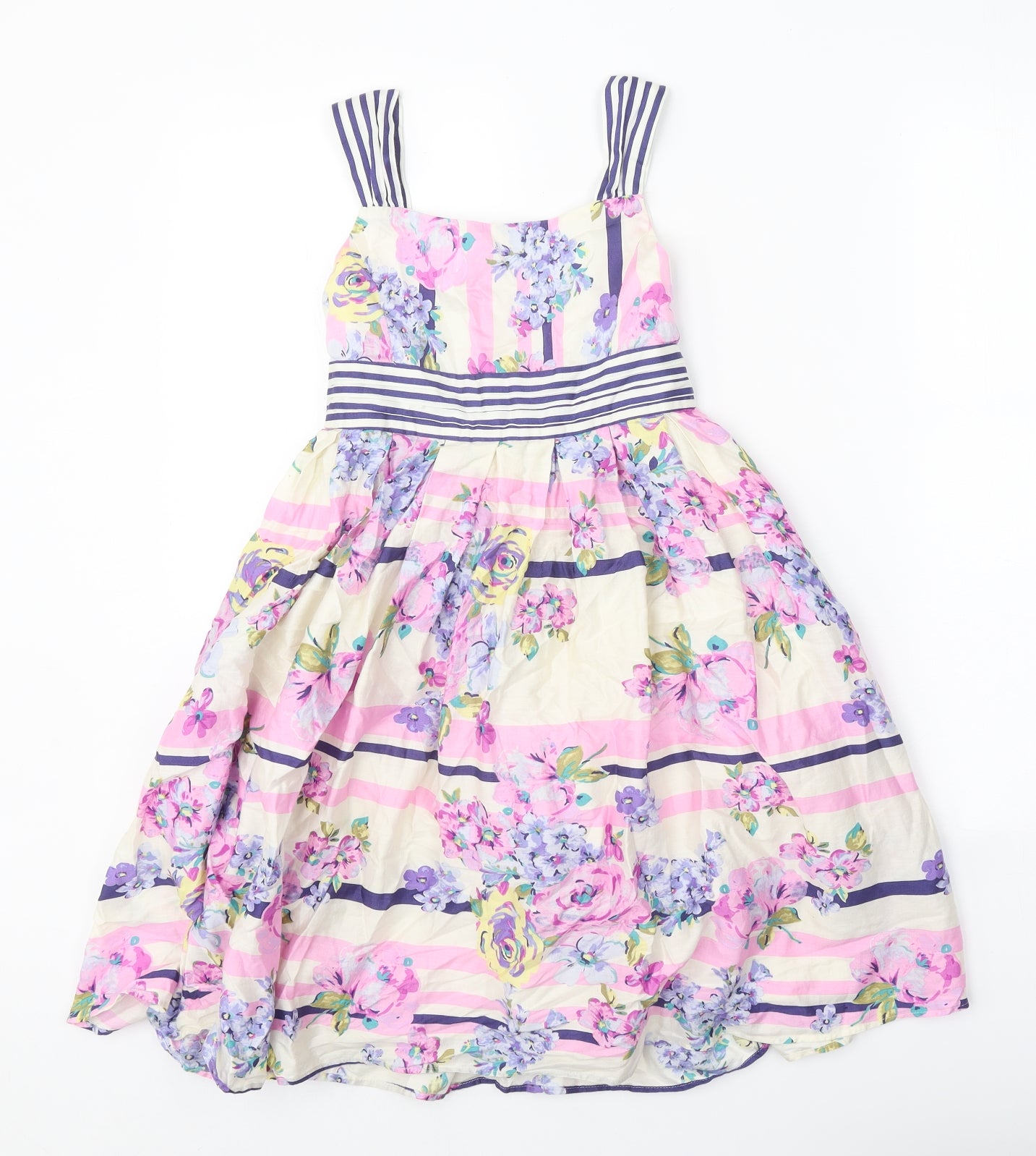 Monsoon Girls White Floral Cotton Fit & Flare Size 9-10 Years Square Neck Zip