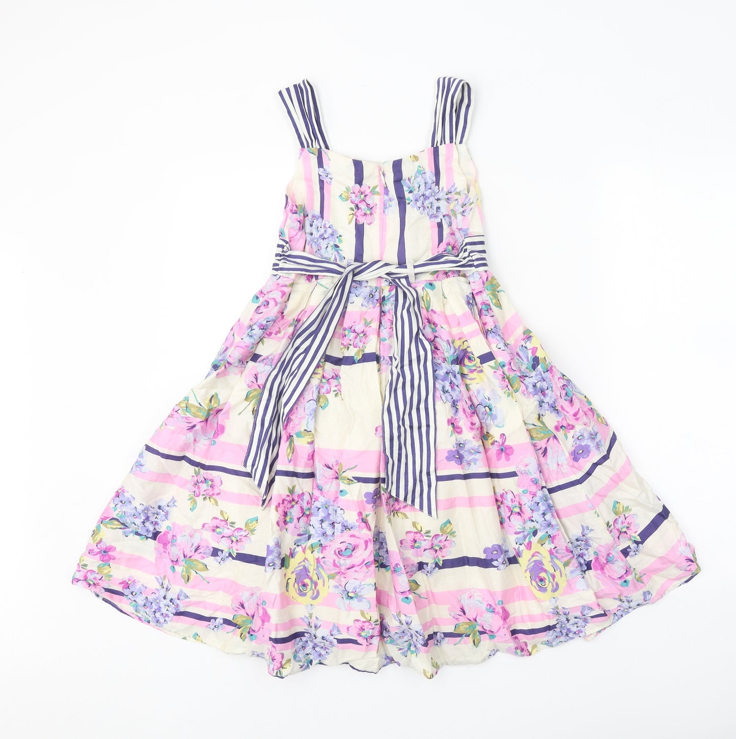 Monsoon Girls White Floral Cotton Fit & Flare Size 9-10 Years Square Neck Zip