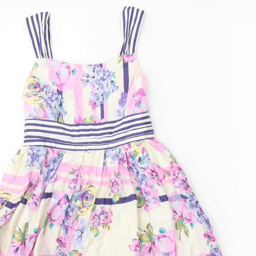 Monsoon Girls White Floral Cotton Fit & Flare Size 9-10 Years Square Neck Zip