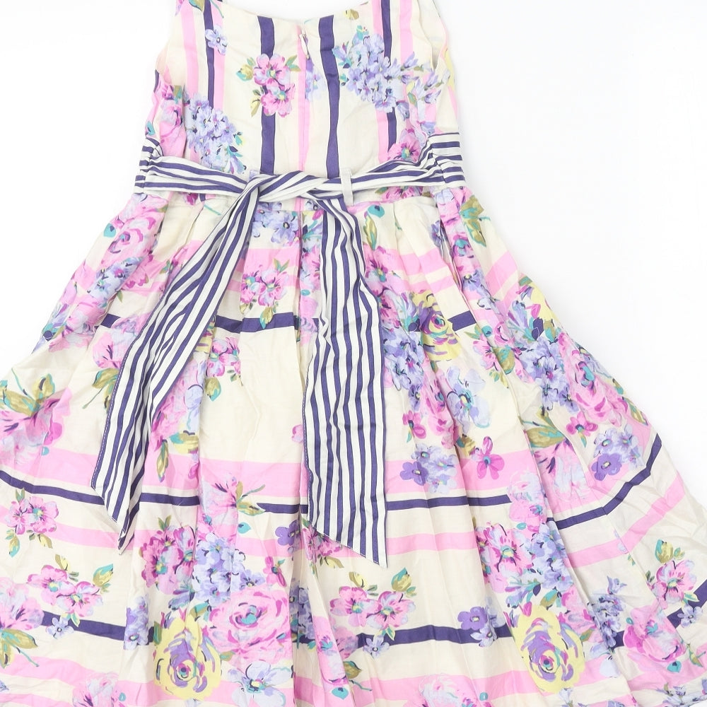 Monsoon Girls White Floral Cotton Fit & Flare Size 9-10 Years Square Neck Zip