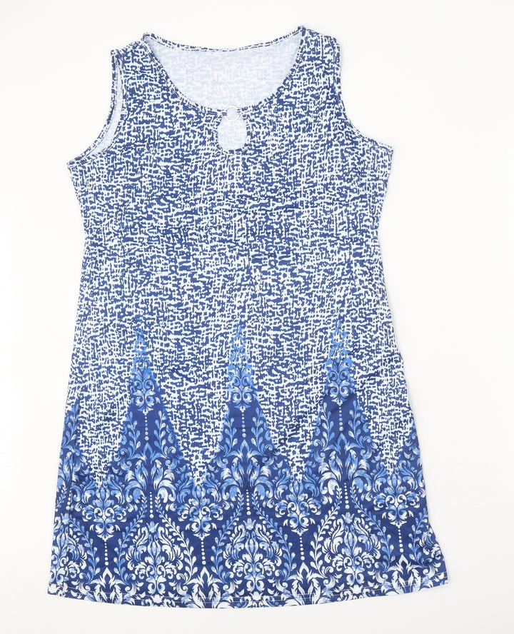 Preworn Womens Blue Geometric Polyester Shift Size L Round Neck Pullover - Ring Detail