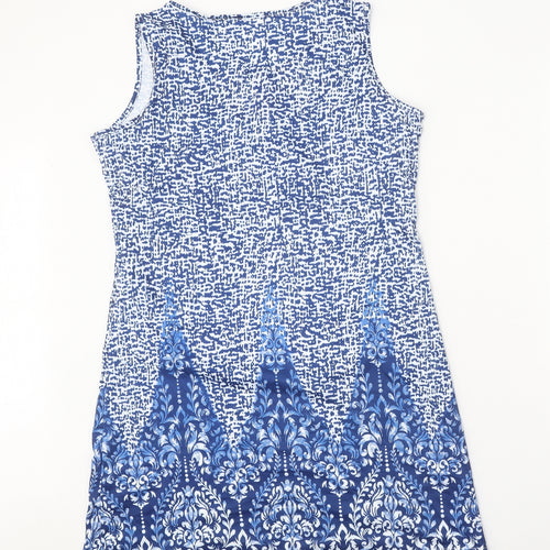 Preworn Womens Blue Geometric Polyester Shift Size L Round Neck Pullover - Ring Detail