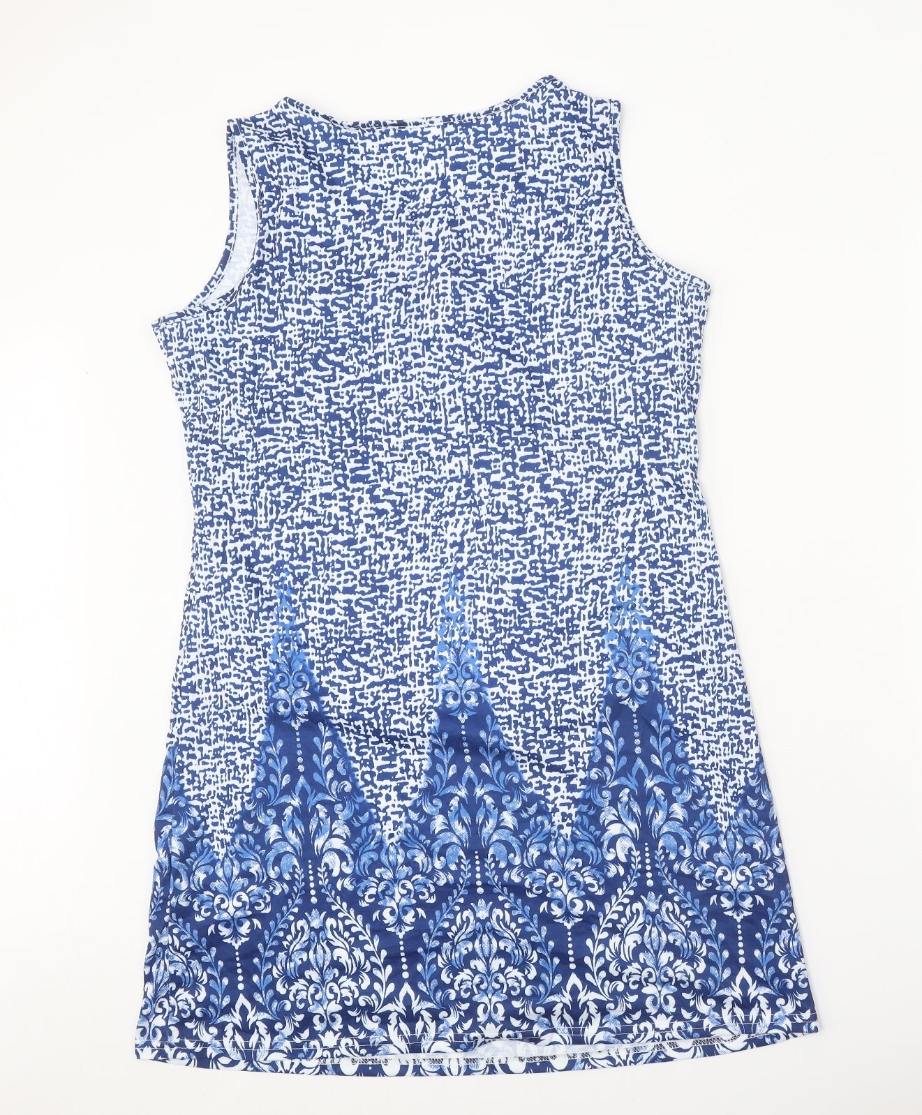 Preworn Womens Blue Geometric Polyester Shift Size L Round Neck Pullover - Ring Detail