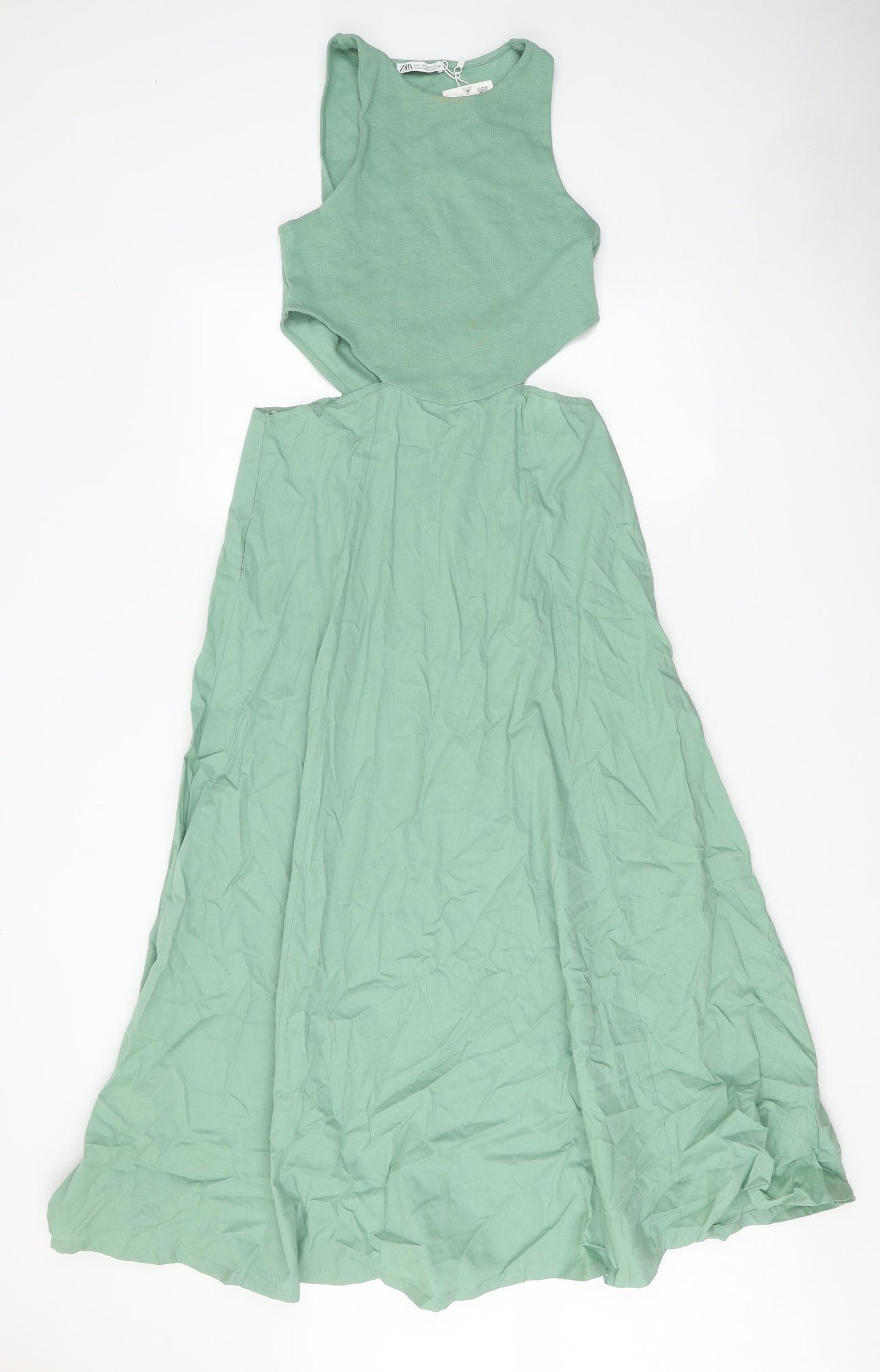 Zara Womens Green Cotton A-Line Size L Round Neck Zip