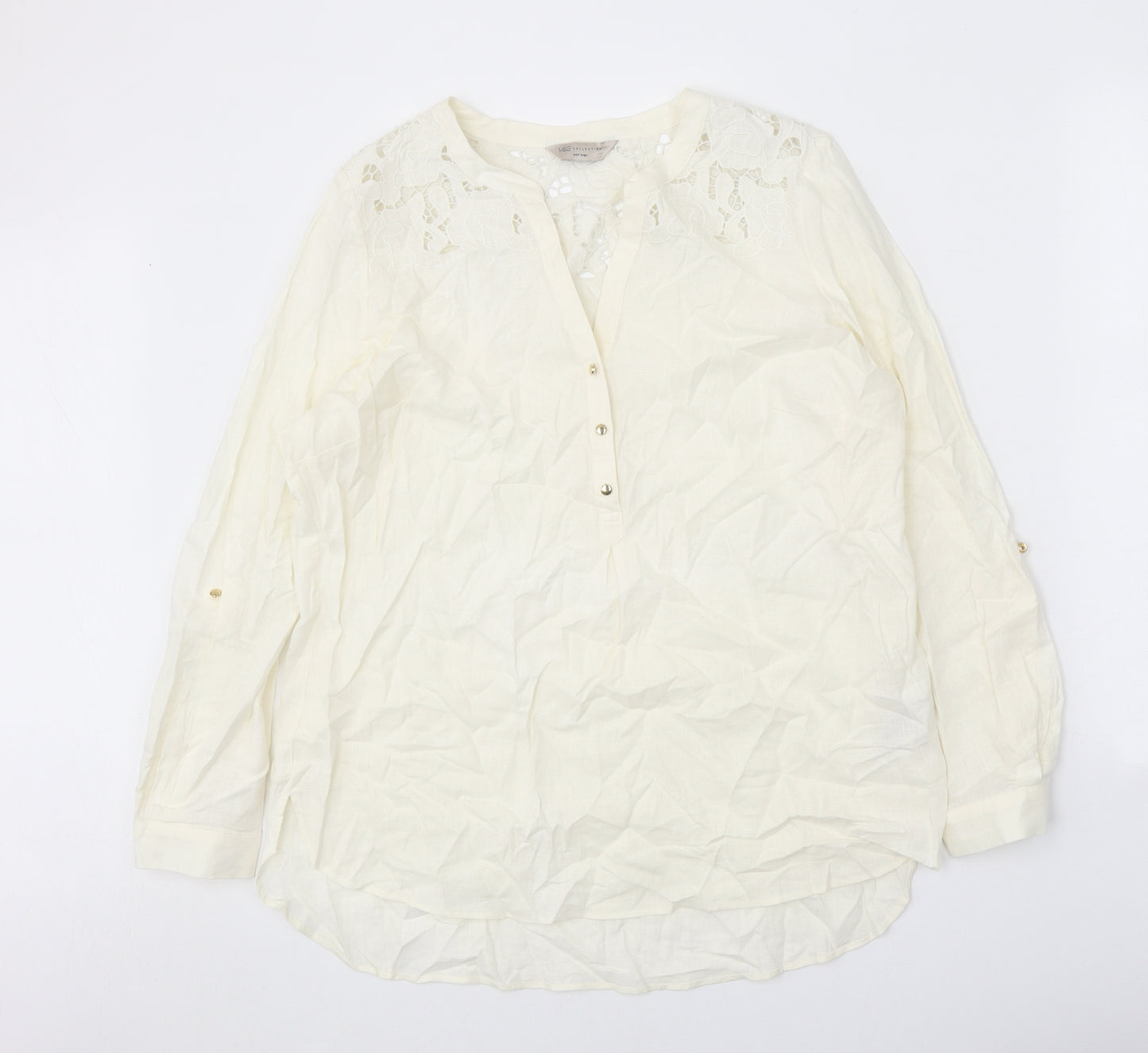 Marks and Spencer Womens White Linen Basic Blouse Size 14 V-Neck - Lace Detail