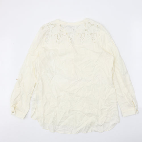 Marks and Spencer Womens White Linen Basic Blouse Size 14 V-Neck - Lace Detail