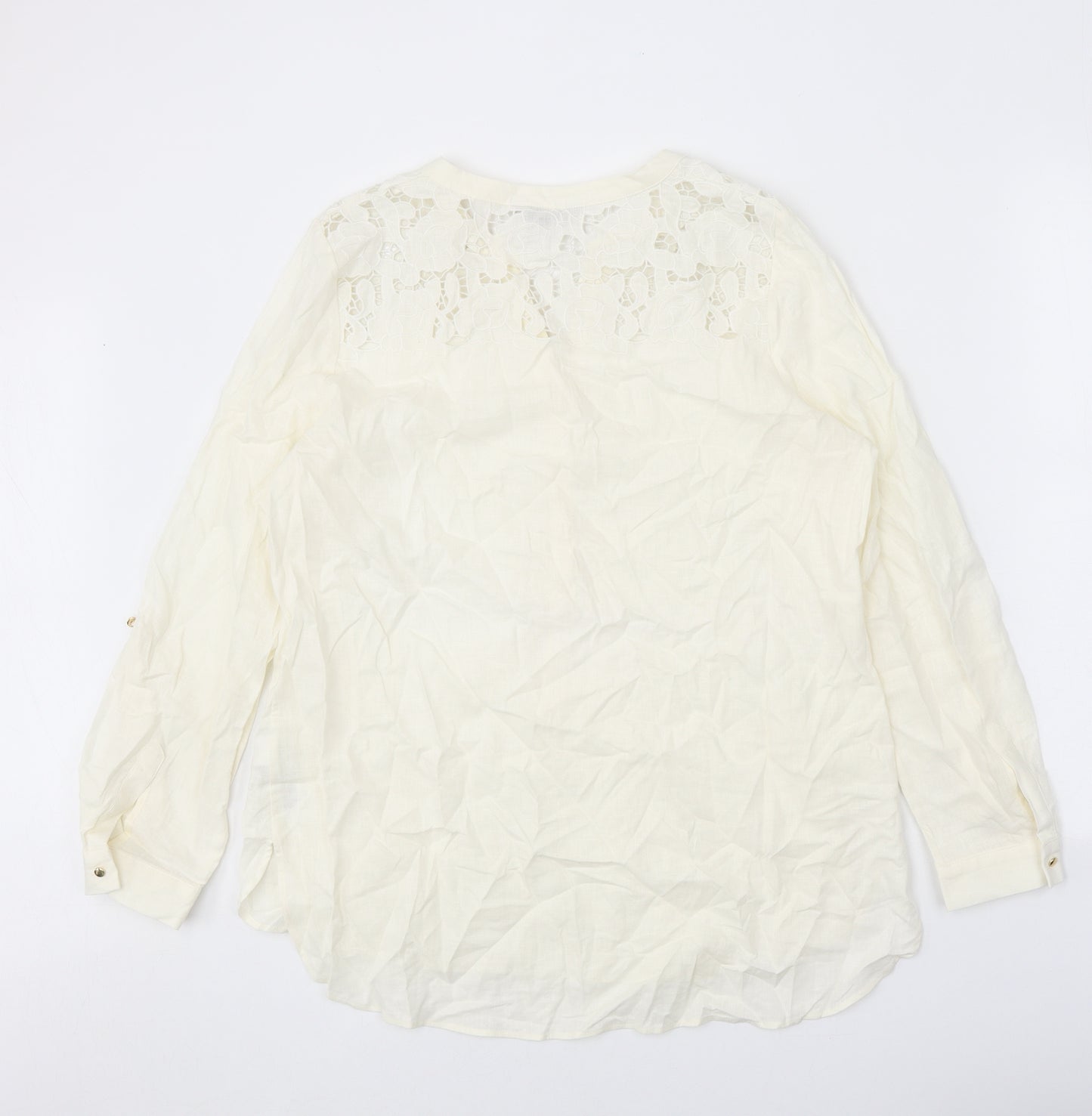 Marks and Spencer Womens White Linen Basic Blouse Size 14 V-Neck - Lace Detail