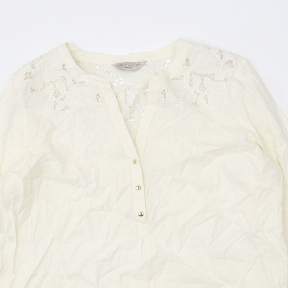 Marks and Spencer Womens White Linen Basic Blouse Size 14 V-Neck - Lace Detail