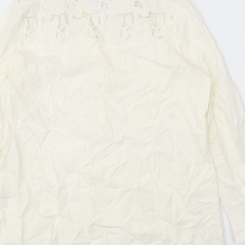 Marks and Spencer Womens White Linen Basic Blouse Size 14 V-Neck - Lace Detail