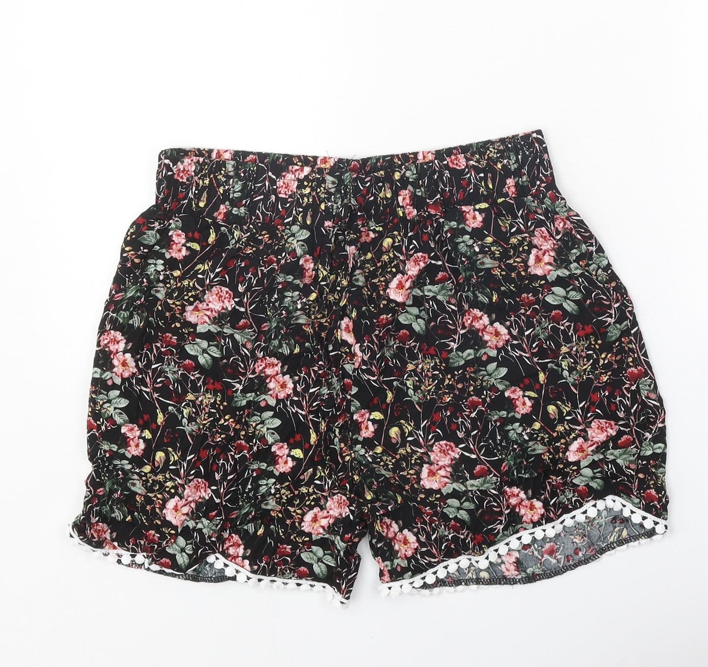 Preworn Womens Black Floral 100% Cotton Basic Shorts Size L Regular Tie