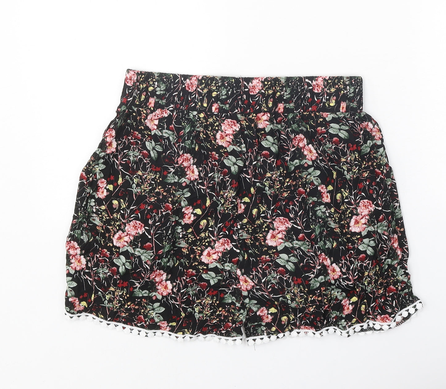 Preworn Womens Black Floral 100% Cotton Basic Shorts Size L Regular Tie