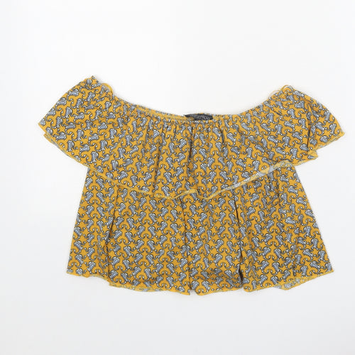 Topshop Womens Yellow Geometric Polyester Basic Blouse Size 6 Off the Shoulder