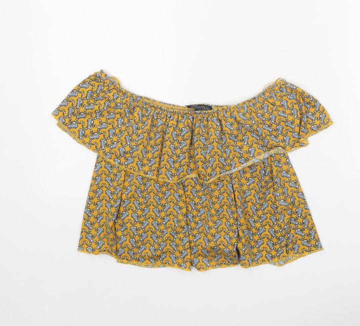 Topshop Womens Yellow Geometric Polyester Basic Blouse Size 6 Off the Shoulder