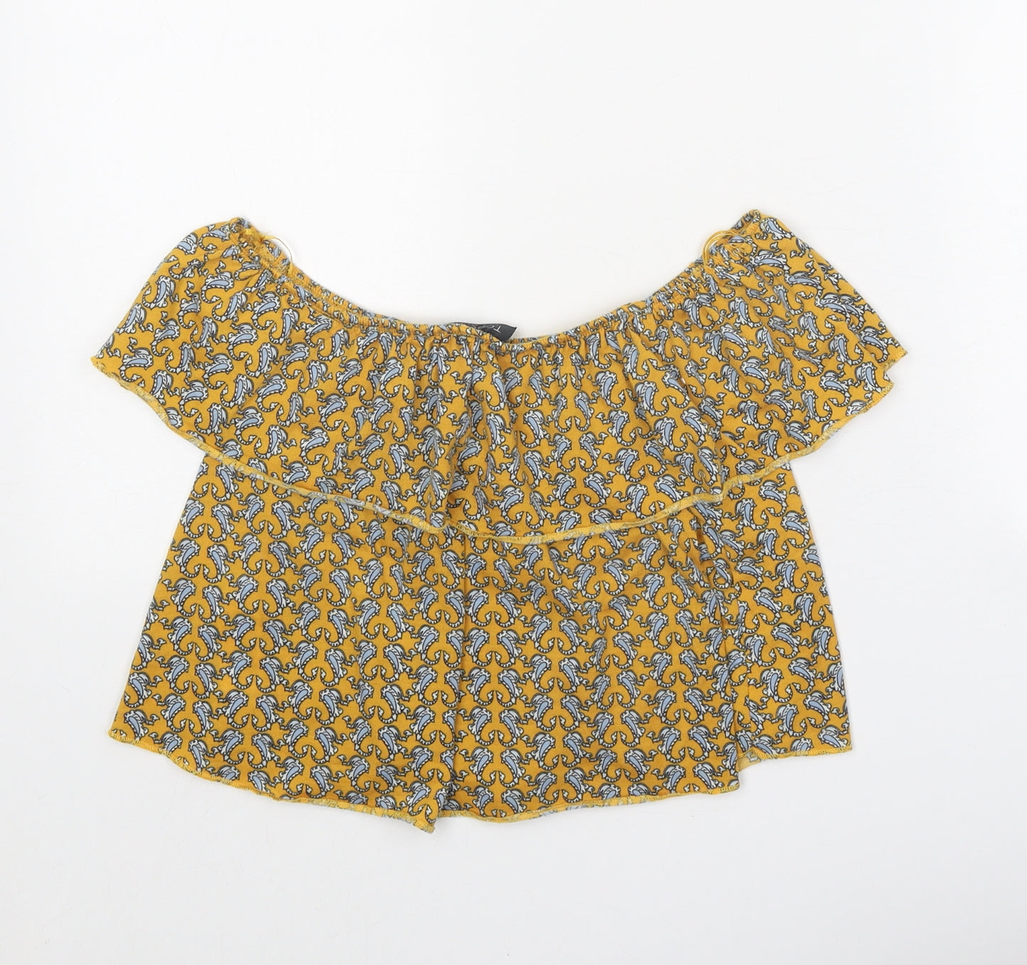 Topshop Womens Yellow Geometric Polyester Basic Blouse Size 6 Off the Shoulder