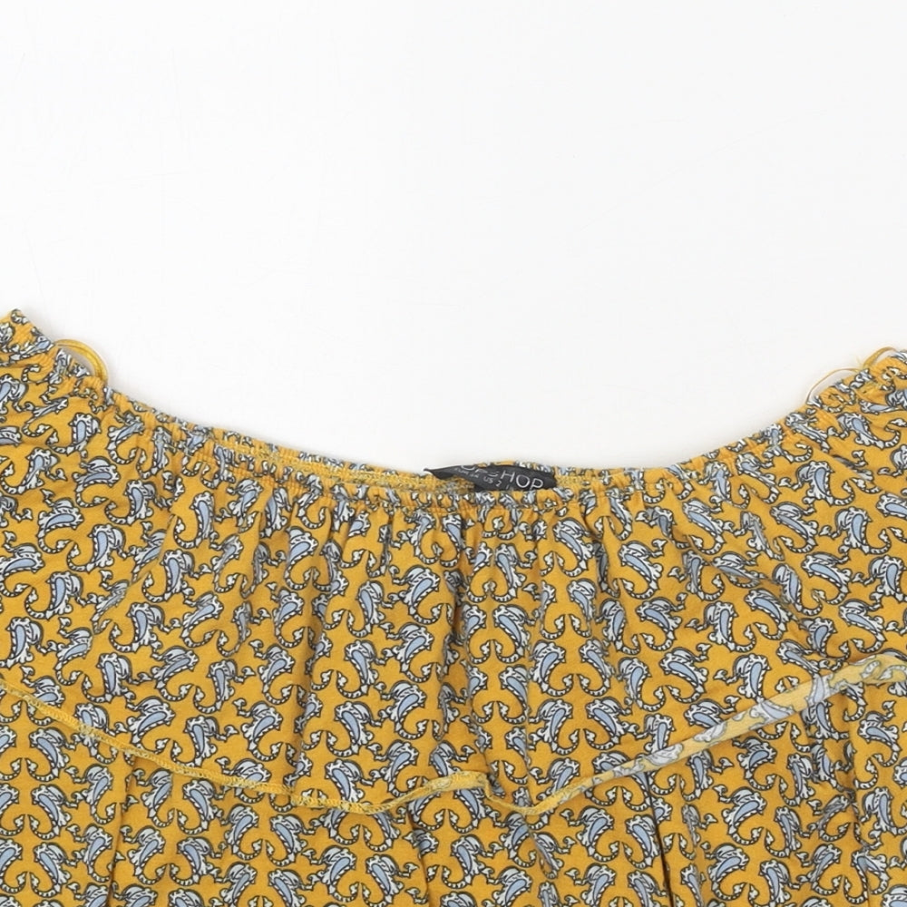 Topshop Womens Yellow Geometric Polyester Basic Blouse Size 6 Off the Shoulder