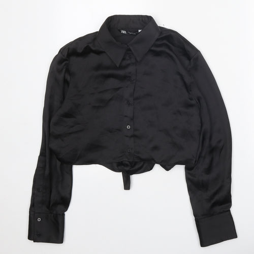 Zara Womens Black Polyester Basic Button-Up Size S Collared