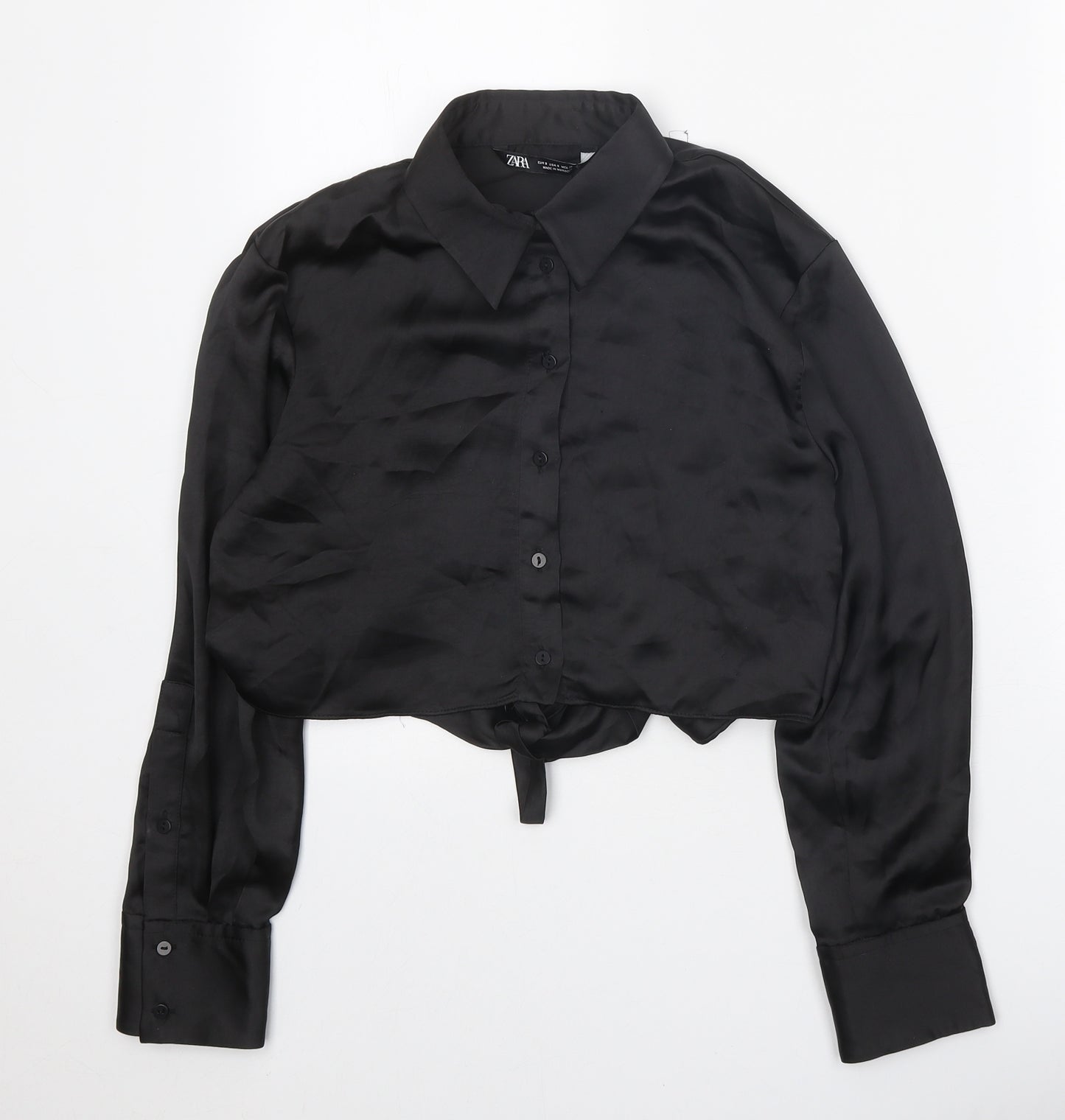 Zara Womens Black Polyester Basic Button-Up Size S Collared