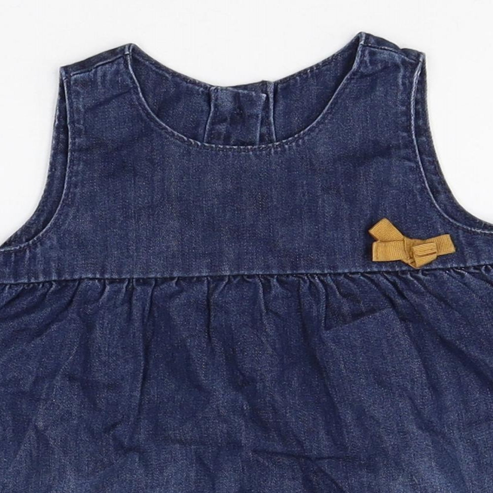 Marks and Spencer Girls Blue 100% Cotton A-Line Size 3-6 Months Round Neck Button